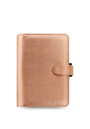 It's all about the colour. Special edition of Saffiano Rose Gold organiser of sophisticated classic leather-look cover in bright on trend colour. Combined with simple personal organiser construction and clean lines.Left Hand Details: three card slots, one pocket Right Hand Details: one notepad pocket Contents: week on two pages diaryruler/page markerto docontactsindiceswhite notepaper, coloured notepaperMaterial Exterior: pu with classic leather cross grain effect and metallic glossMaterial Interior: combination of external pu and colour matched polyester Height: 190 mm Width: 135 mm Closure Detail: pu strap with concealed popper 
