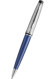 The Waterman Expert Deluxe Metallic Blue CT ballpoint pen has a blue lacquered brass body and a cap with a relief engraving made by etching. The pen is combined with accessories plated with palladium. 