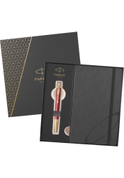 Parker IM Premium Red GT ballpoint pen gift set with notebook.